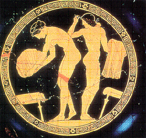 Lamp side of Greek women in bathhouse.